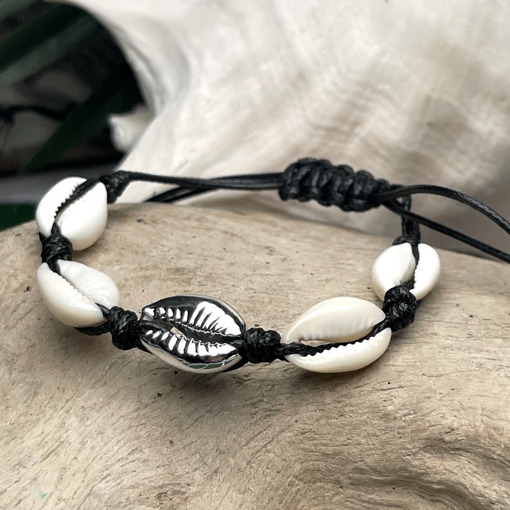 NEW Real Cowrie Shells w Silver on Black Soft wax Cording Bracelet &/or Anklet